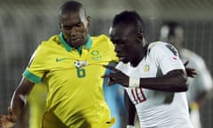 Anele Ngcongca, seen here playing for South Africa in 2015 against Senegal’s Sadio Mané, won 53 international caps. 