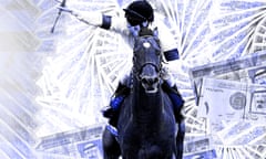 Design featuring images of Saudi money and a jockey on a racehorse
