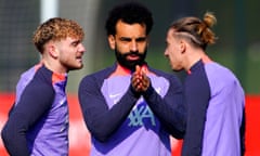 Mohamed Salah (centre) in Liverpool training on Thursday