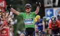 Peter Sagan celebrates as he crosses the finish line ahead of Italy’s Sonny Colbrelli.