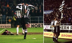 Faustino Asprilla celebrates with a bit of improvisation, attaching his shirt to a corner flag after scoring for Newcastle against Metz