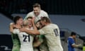 England’s Owen Farrell and teammates celebrate the penalty conversion which wins the game during sudden death.