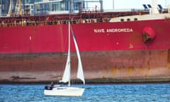 A sailboat close to the Nave Andromeda oil tanker in Southampton docks after the incident in October