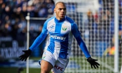 Martin Braithwaite celebrates opening the scoring for Leganés against Espanyol in their bottom-of-La-Liga clash on Sunday.