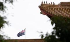 The flag on top of Parlaiment House can be seen over the roof of the Chinese Embassy in Canberra. China Australia, relations, Peoples republic china embassy. Tuesday 1st December 2020. Photograph by Mike Bowers. Guardian Australia.