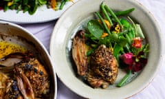 Baked chicken with herbes de Provence, and green beans, watercress and flowers.