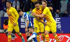 Luuk de Jong (right) celebrates with Pierre-Emerick Aubameyang after scoring Barcelona’s late equaliser at Espanyol.