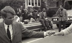 Kennedy Campaigns In Indiana<br>American senator Robert F. Kennedy (1925 - 1968) smiles as he holds the hand of an out-of-frame supporter as he campaigns for the democratic Presidential nomination in Indiana, early May 1968. (Photo by Andrew Sacks/Getty Images)