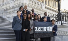 US Representatives open banner in front of US Capitol demanding a ceasefire<br>WASHINGTON D.C., UNITED STATES - NOVEMBER 8: United States Representatives including Rashida Tlaib (3rd R), Cori Bush , Alexandria Ocasio-Cortez, Ilhan Omar open a banner demanding a ceasefire and condemning the Israeli attacks on Gaza, in front of U.S. Capitol in United States on November 8, 2023. (Photo by Celal Gunes/Anadolu via Getty Images)