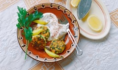 Fishcakes with green herbs and labneh