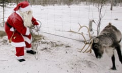 A Swedish Santa tries to capture a local reindeer in Gallivare, northern Sweden. 