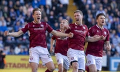 Arbroath celebrate their goal at Rugby Park in the crunch game against Kilmarnock. They lost 2-1 but have a second chance at promotion via the play-offs.