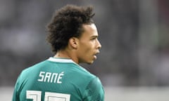 FILE - In this Friday, March 23, 2018 file photo Germany’s Leroy Sane looks on during an international friendly soccer match between Germany and Spain in Duesseldorf, Germany. Manchester City winger Leroy Sane has been omitted from Germany’s final 23-man World Cup squad, the German federation has confirmed on its website. (AP Photo/Martin Meissner, File)