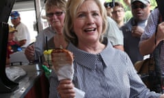 Presidential Candidates Stump At Iowa State Fair<br>DES MOINES, IA - AUGUST 15: Democratic presidential hopeful and former Secretary of State Hillary Clinton holds a Pork Chop on a Stick as she tours the Iowa State Fair on August 15, 2015 in Des Moines, Iowa. Presidential candidates are addressing attendees at the Iowa State Fair on the Des Moines Register Presidential Soapbox stage and touring the fairgrounds. The State Fair runs through August 23. (Photo by Justin Sullivan/Getty Images)