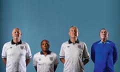 Italia 90 teammates (from left) Mark Wright, Paul Parker, Terry Butcher and Peter Shilton, in England kit against blue background