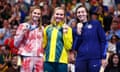 Ariarne Titmus (centre) with her gold medal after beating Summer McIntosh (silver, left) and Katie Ledecky (bronze) in the Paris pool.