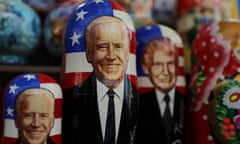 Russian dolls bearing images of Joe Biden and Donald Trump.