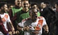 River Plate players celebrate at the conclusion of the Copa Libertadores semi-final second leg against Boca Juniors at La Bombonera.