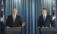 Treasurer Scott Morrison (left) and Finance Minister Mathias Cormann during a media conference to announce the Federal mid-year budget review. Tuesday, Dec. 15, 2015. (AAP Image/Aaron Bunch) NO ARCHIIVNG