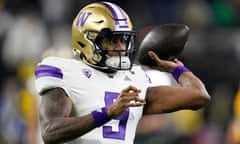 Washington quarterback Michael Penix Jr. warms up before the national championship NCAA College Football Playoff game between Washington and Michigan Monday, Jan. 8, 2024, in Houston. (AP Photo/David J. Phillip)