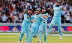 Jonny Bairstow, Jos Buttler, Chris Woakes and Liam Plunkett celebrate victory during the Final of the ICC Cricket World Cup 2019 between New Zealand and England at Lord's Cricket Ground on July 14, 2019 in London, England. Photo by Tom Jenkins