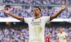 Jude Bellingham celebrates after scoring his second goal in Real Madrid’s 4-0 win over Osasuna.