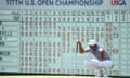 Brooks Koepka, one of the four joint leaders after round two, lines up his putt on the 18th on day two of the 117th US Open – the first at Erin Hills