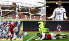 Nick Pope of Burnley makes a save against Liverpool, Fulham’s Ryan Sessegnon celebrates scoring their third goal against Barnsley, Danny Welbeck of Arsenal goes down after a challenge by Joe Hart of West Ham United and Liverpool’s Jordan Henderson surges forward.