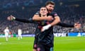 Manchester City’s Phil Foden is hugged by Ruben Dias as he celebrates scoring their third goal in the dying moments of the game.