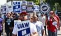 FILES-US-AUTOMOBILE-UNIONS-STRIKE-Stellantis<br>(FILES) Members of the United Auto Workers (UAW) Local 230 and their supporters walk the picket line in front of the Chrysler Corporate Parts Division in Ontario, California, on September 26, 2023, to show solidarity for the "Big Three" autoworkers currently on strike. Stellantis and the striking United Auto Workers union have reached a preliminary deal allowing members to return to factories, the union said October 28. The tentative agreement, reached after 44 days of strike action that simultaneously targeted Detroit's "Big Three" automakers, includes a 25 percent raise in base wages by 2028, the union said. "Stellantis workers will return to work while the agreement goes through the ratification process," the UAW said in a statement. (Photo by Patrick T. Fallon / AFP) (Photo by PATRICK T. FALLON/AFP via Getty Images)