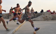 Marko Livaja leads an attack during a game on the seafront pitch at Zvoncac in Split