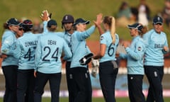 England celebrate their Women’s Cricket World Cup win against Bangladesh at the Basin Reserve.