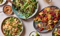 Clockwise from top: Ravinder Bhogal's summer vegetable salad with roasted peanut sauce, Thai-style nachos with larb (spicy minced pork, pickled cabbage, herbs, lime); and crab and mango rice noodle salad.