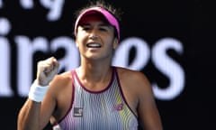 Britain’s Heather Watson celebrates after defeating Australia’s Samantha Stosur in their first round match at the Australian Open in Melbourne.