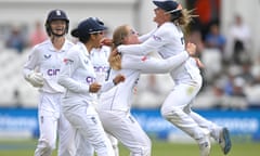 England’s Danni Wyatt celebrates with Sophie Ecclestone after a wicket in the Women's Ashes Test at Trent Bridge last June