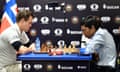 Magnus Carlsen (left) takes on Rameshbabu Praggnanandhaa in the final of the Chess World Cup