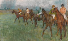Drawn in Colour: Degas from the Burrell
20 September 2017 – 7 May 2018
The National Gallery, London
Jockeys in the Rain
Degas, Edgar Hilaire Germain (1834 - 1919, French)
circa 1883-1886
pastel on paper
French
framed: 760 mm x 920 mm x 107 mm; unframed: 469 mm x 635 mm

Pastel entitled 'Jockeys Sous La Pluie', depicting jockeys excercising mounts prior to race, rain falling, by Hilaire Germain Edgar Degas