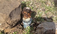 FILE - This March 16, 2017, file photo released by the Bannock County Sheriff's Office shows a cyanide device in Pocatello, Idaho. Citing public safety concerns, the Bureau of Land Management is ending the use of spring-loaded booby traps planted on public lands that eject cyanide powder when triggered to kill coyotes and other livestock predators, a practice wildlife advocates and others have been trying to outlaw for decades. (Bannock County Sheriff's Office via AP, File)