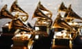 FILES-US-ENTERTAINMENT-pandemic-Grammys<br>(FILES) In this file photo taken on January 28, 2018, Grammy trophies sit in the press room during the 60th Annual Grammy Awards in New York. - The Grammy awards celebrating music slated for January 31 in Los Angeles have been postponed due to Covid-19, which has been rapidly spreading in California, US media said on January 5, 2021. (Photo by Don EMMERT / AFP) (Photo by DON EMMERT/AFP via Getty Images)