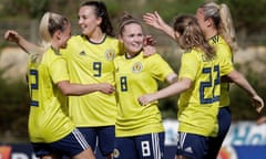 Scotland’s players celebrate during the Algarve Cup match against Iceland in Portugal