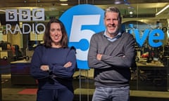Clare McDonnell and Tony Livesey, hosts of 5 Live Drive outside the 5 live office.