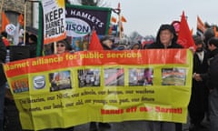 Protesters march against the privatisation of public services in Barnet, March 2013. Protest march in Barnet against the privatisation of public services by Barnet Council. Credit: Matthew Chattle / Alamy Live News<br>D53HAJ Barnet, London, UK. 23rd March 2013. Protesters with banners and placards on the march against the privatisation of public services in Barnet. Protest march in Barnet against the privatisation of public services by Barnet Council. Credit: Matthew Chattle / Alamy Live News