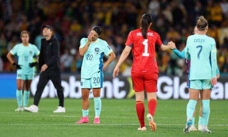 Matildas captain Sam Kerr at full-time of Australia’s Women’s World Cup third-place playoff against Sweden.