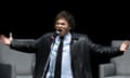 Argentinian president Javier Milei looked more like a rock star than a politician on stage, as he sings his version of the song Panic Show, by band La Renga, ahead of the launch of his latest book 