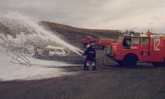 Firefighters during Aviation Rescue and Firefighting (ARFF) using foam containing PFAS chemicals at Tullamarine airport, Australia, in 1988.