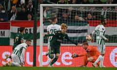 Kyogo Furuhashi celebrates after scoring Celtic’s opening goal at Ferencvaros.