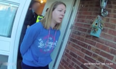 Lucy Letby walks out her front door with her hands cuffed behind her back