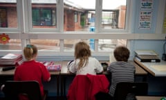 Rear view of three primary school children