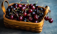 Close-up of cherries in basket on table<br>Ripe and organic sweet cherry berries in a box