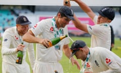 England v India 5th test match<br>At the post match celebrations Alastair Cook is doused with champagne by Sam Curran during the 5th day of the England v India 5th test match at the Kia Oval on September 11th 2018 in London (Photo by Tom Jenkins)